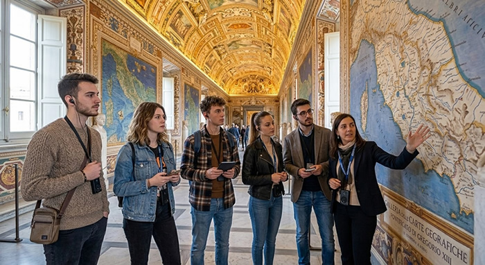 Guida con alcuni visitatori all'interno dei Musei Vaticani a Roma