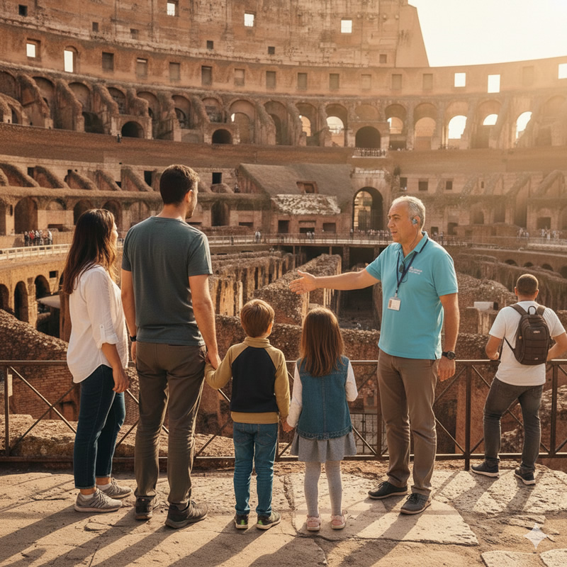 Una guida turistica con una famiglia all'interno del Colosseo