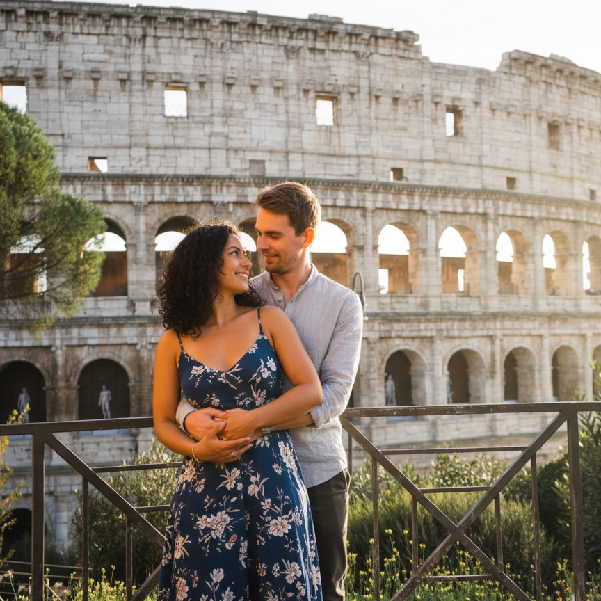 Scatto fotografico di una coppia di fronte al Colosseo realizzato da un fotografo professionista
